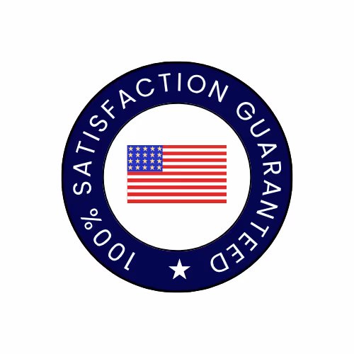 100% Satisfaction Guaranteed seal with American flag in center