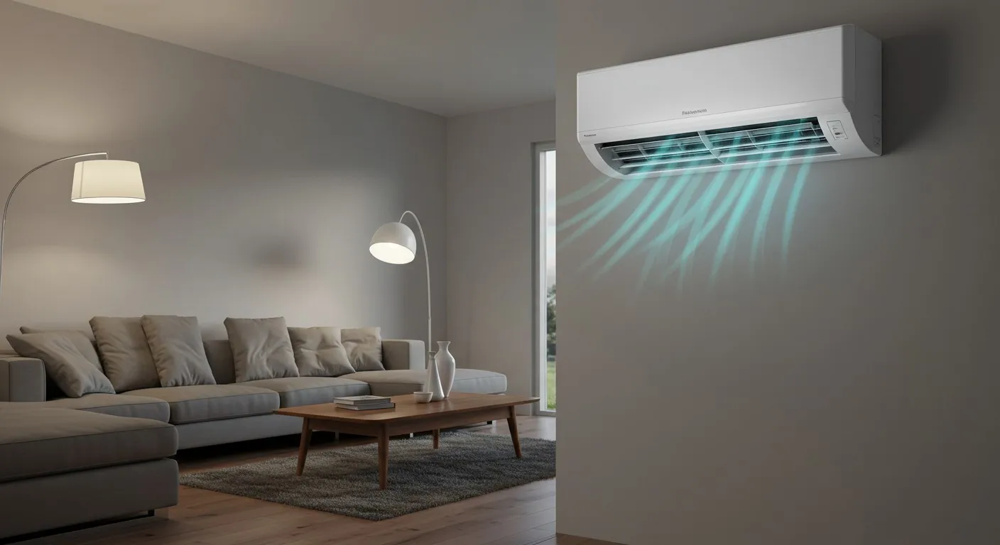 Air conditioner blowing cool blue airflow in modern minimalist living room