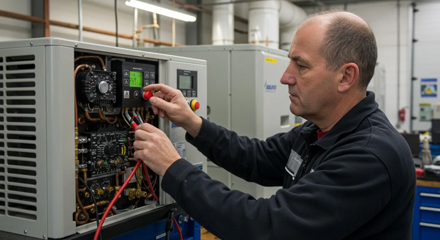 Technician checking electrical panel with red test leads in industrial setting