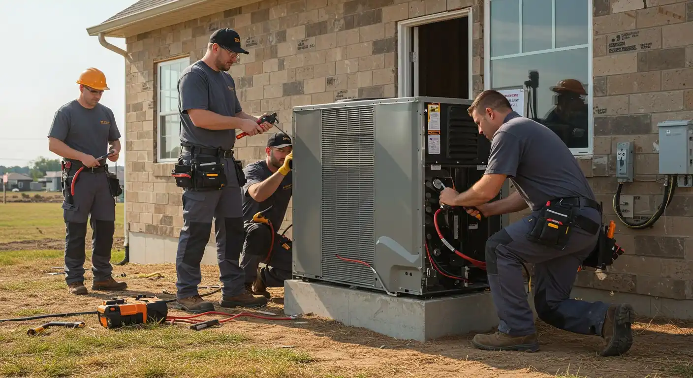 HVAC technicians installing and servicing an outdoor air conditioning unit