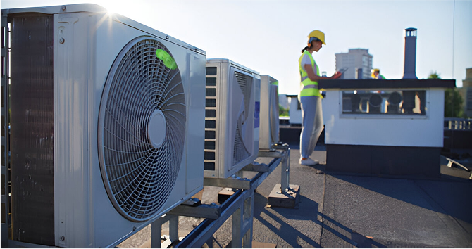 Worker inspects HVAC units on a rooftop with city buildings in background