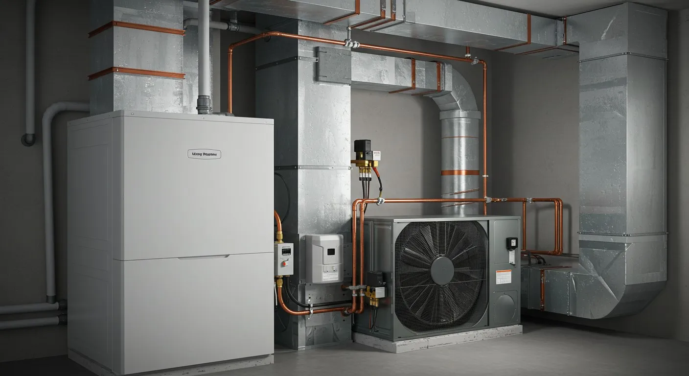 Commercial HVAC system with heat pump and copper piping in mechanical room