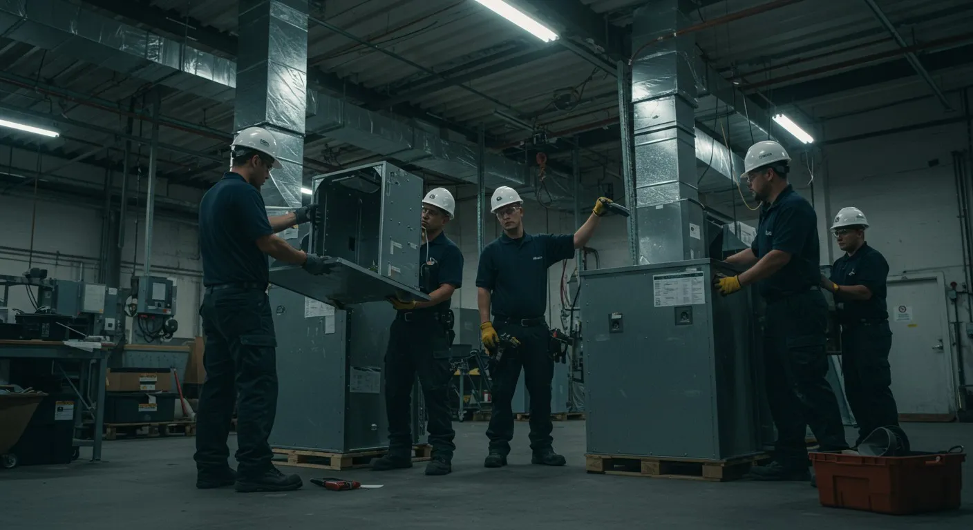 Technicians in hard hats working together in an industrial electrical equipment room