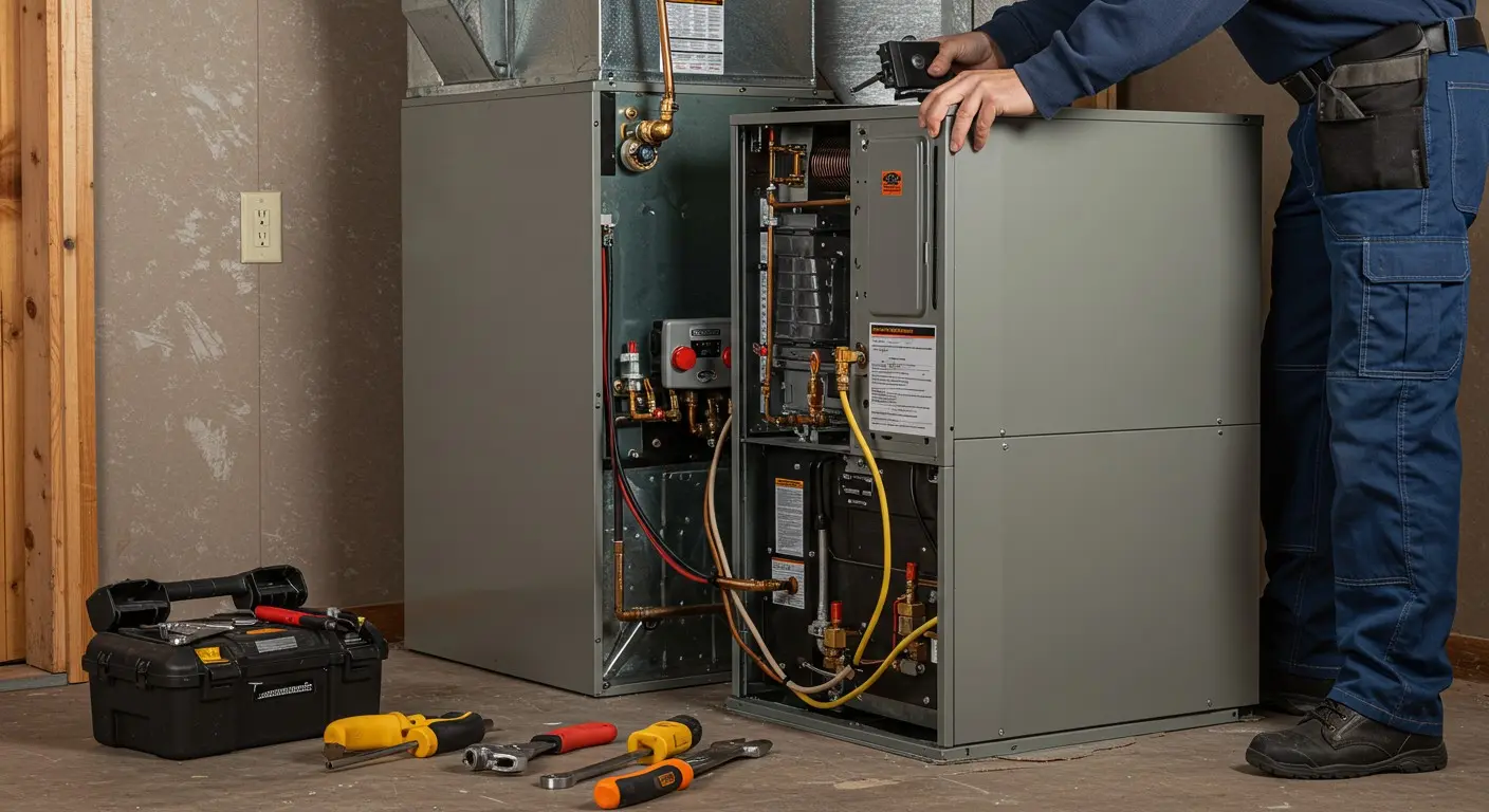 Technician repairing HVAC system with tools and opened equipment panel