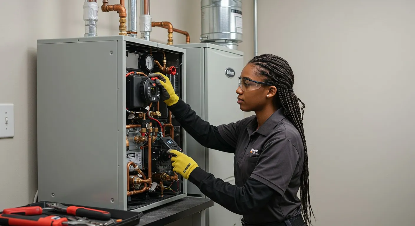 Technician in safety gloves and glasses checking industrial heating system