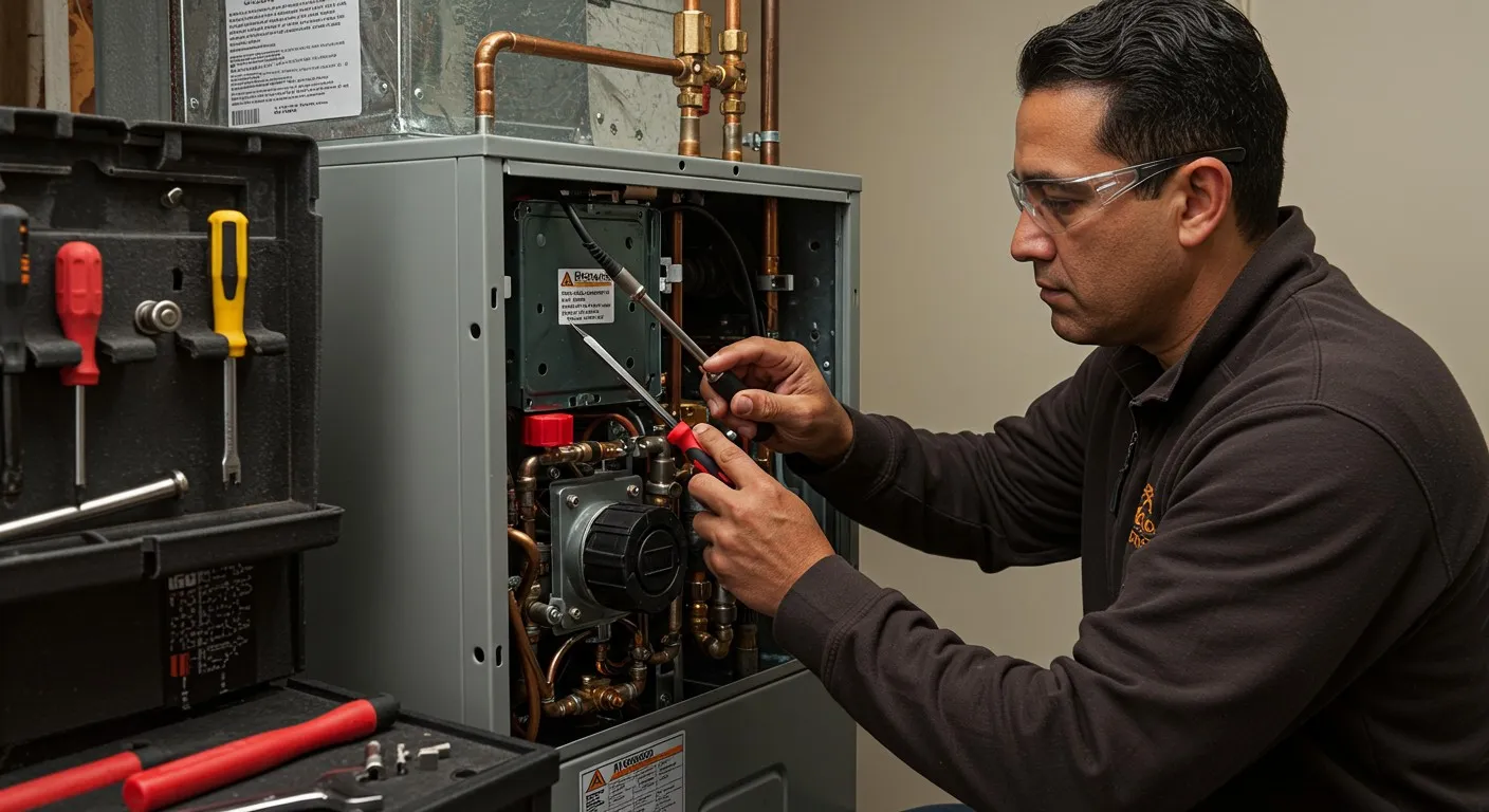 Technician repairing heating system with tools and safety glasses