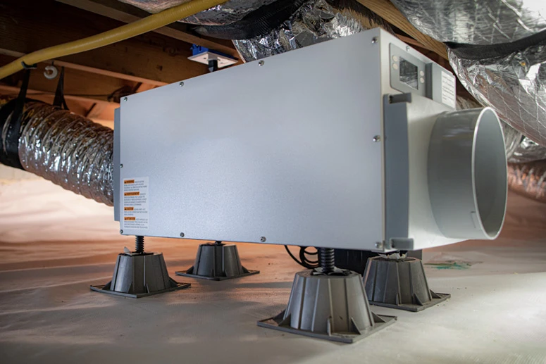 Large HVAC ventilation unit with flexible ductwork in attic or basement