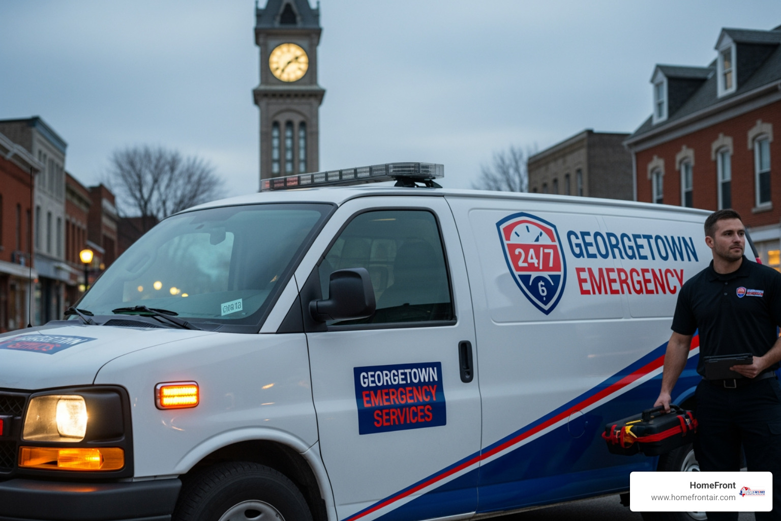 Infographic showing the most common home emergencies in Georgetown TX: heating system failure during winter months, air conditioning breakdown during summer heat, burst pipes from freezing temperatures, water heater failures, electrical panel issues, and clogged drains or sewer backups, with icons showing response times and safety protocols for each scenario - 24/7 emergency service company in georgetown, tx
