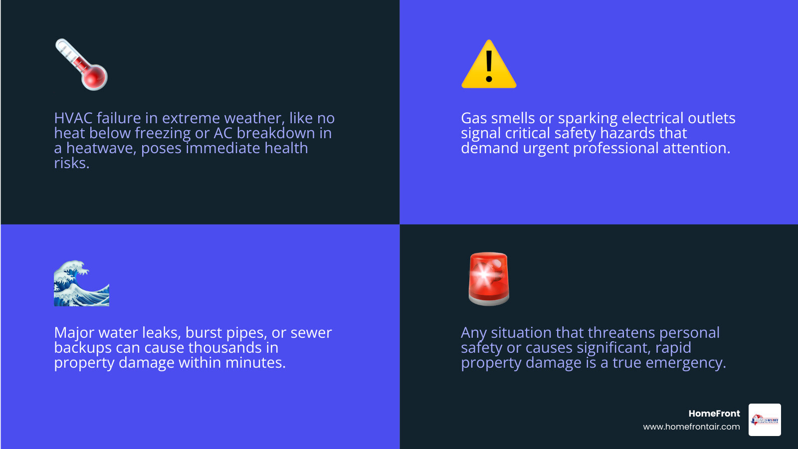 Infographic showing when to call for emergency service: immediate threats include no heat below freezing, gas smells, AC failure in extreme heat, major water leaks, electrical sparking, and any situation posing safety risks or causing significant property damage - 24/7 emergency service near me in georgetown, tx infographic 4_facts_emoji_blue