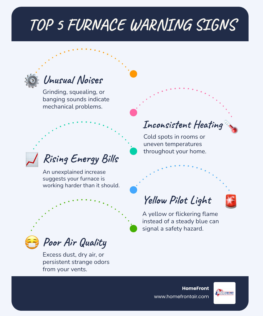 infographic explaining the top 5 furnace warning signs with icons of grinding gears and squealing sounds, inconsistent heating with a house diagram showing cold spots, rising energy bills with an upward trending graph, yellow pilot light with a flame color comparison, and poor air quality with dust particles, all arranged in a circular flow with a central furnace icon - affordable furnace repair in san marcos, tx infographic infographic-line-5-steps-blues-accent_colors infographic explaining the top 5 furnace warning signs with icons of grinding gears and squealing sounds, inconsistent heating with a house diagram showing cold spots, rising energy bills with an upward trending graph, yellow pilot light with a flame color comparison, and poor air quality with dust particles, all arranged in a circular flow with a central furnace icon - affordable furnace repair in san marcos, tx infographic infographic-line-5-steps-blues-accent_colors