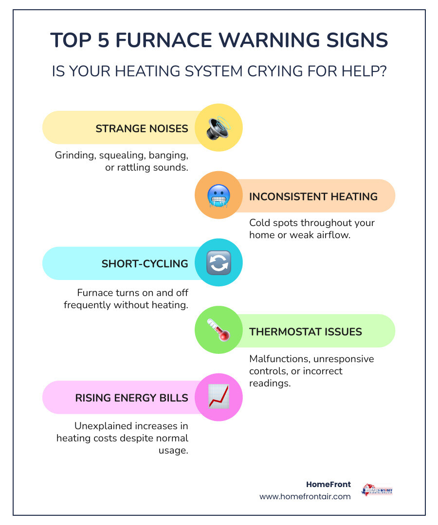 Infographic showing the top 5 warning signs your furnace needs professional repair: 1) Loud or unusual noises like grinding, squealing, or banging; 2) Inconsistent heating with cold spots throughout your home; 3) Short-cycling where the furnace turns on and off frequently; 4) Thermostat malfunctions or unresponsive controls; 5) Unexplained increases in your energy bills despite normal usage - furnace repair company in san marcos, tx infographic infographic-line-5-steps-colors