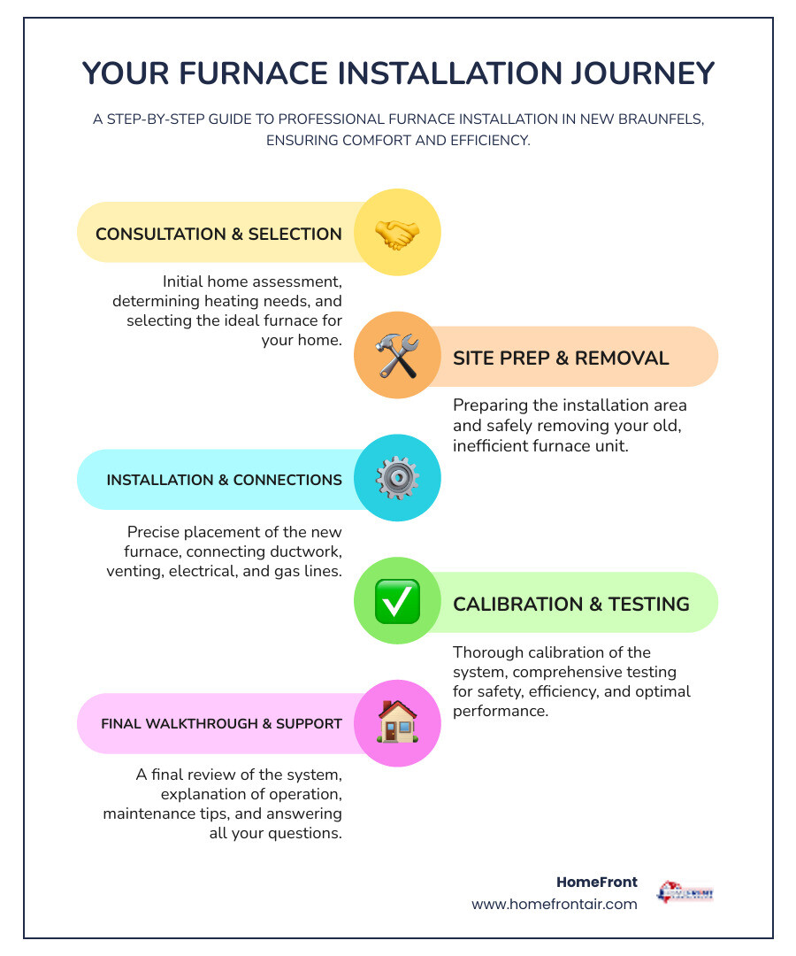 infographic showing the complete furnace installation process from initial consultation through system selection, professional installation steps, safety testing, and final walkthrough, with timeline estimates and key benefits of professional installation including warranty protection, energy efficiency, and safety compliance - furnace installation in new braunfels tx infographic infographic-line-5-steps-colors