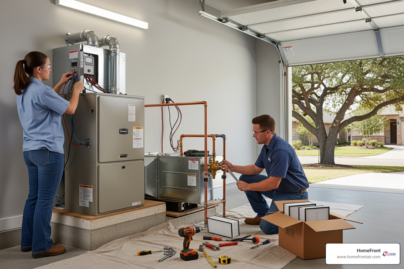 infographic showing the complete furnace installation process from initial consultation through load calculation, old unit removal, new system installation, final testing, and ongoing maintenance schedule, with key benefits including energy savings, improved comfort, better air quality, and extended equipment lifespan highlighted for San Marcos TX homeowners - furnace installation in san marcos tx infographic showing the complete furnace installation process from initial consultation through load calculation, old unit removal, new system installation, final testing, and ongoing maintenance schedule, with key benefits including energy savings, improved comfort, better air quality, and extended equipment lifespan highlighted for San Marcos TX homeowners - furnace installation in san marcos tx