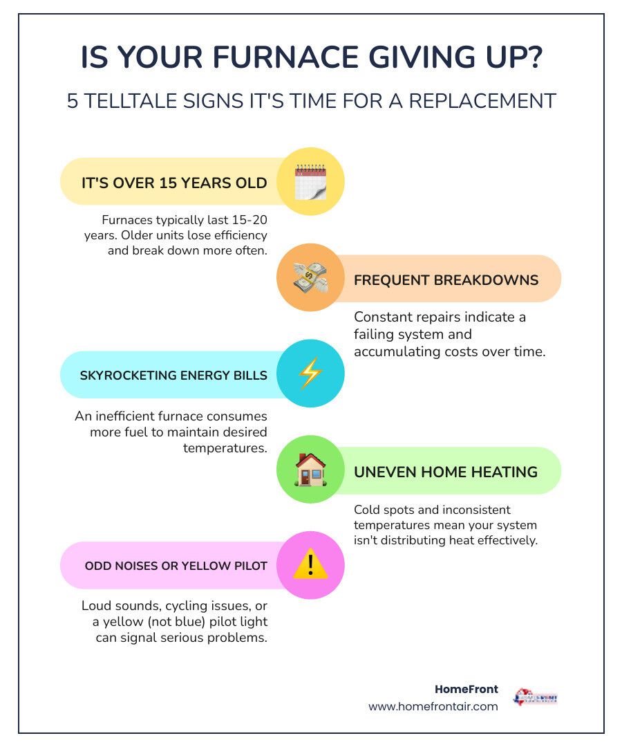 infographic showing the top 5 signs your furnace needs to be replaced: age over 15 years, frequent repairs, rising energy bills, uneven heating throughout the home, and strange noises or yellow pilot light - best furnace installation in new braunfels, tx infographic infographic-line-5-steps-colors