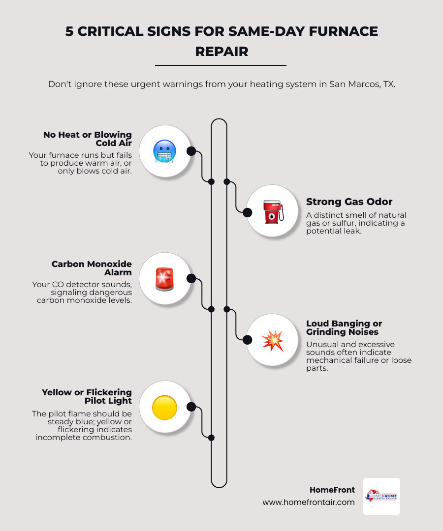 Infographic showing the 5 critical signs requiring immediate same-day furnace repair: 1) No heat or blowing cold air, 2) Strong gas odor near furnace, 3) Carbon monoxide detector alarming, 4) Loud banging grinding or screeching noises, 5) Yellow or flickering pilot light instead of steady blue flame - same day furnace repair in san marcos, tx infographic infographic-line-5-steps-elegant_beige Infographic showing the 5 critical signs requiring immediate same-day furnace repair: 1) No heat or blowing cold air, 2) Strong gas odor near furnace, 3) Carbon monoxide detector alarming, 4) Loud banging grinding or screeching noises, 5) Yellow or flickering pilot light instead of steady blue flame - same day furnace repair in san marcos, tx infographic infographic-line-5-steps-elegant_beige