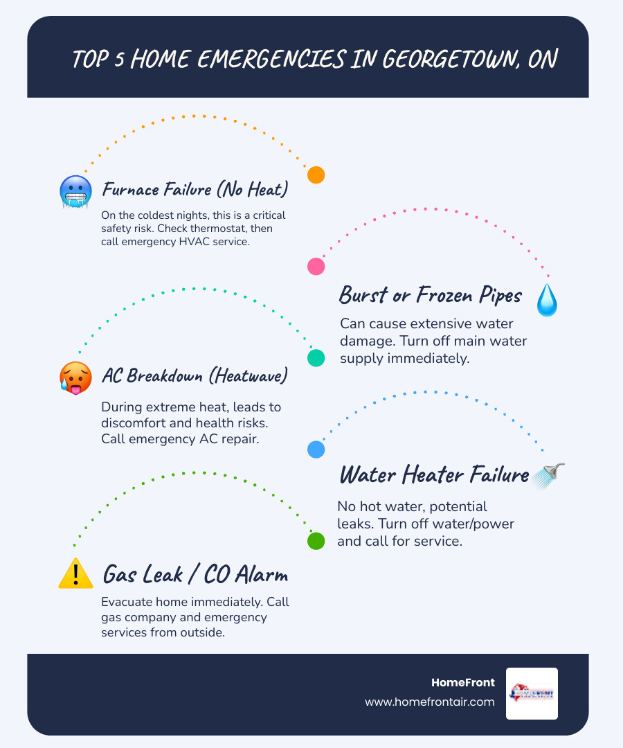 Infographic showing the top 5 home emergencies in Georgetown: 1. Furnace failure with no heat, 2. Burst or frozen pipes, 3. Air conditioning breakdown during heatwave, 4. Water heater failure, 5. Gas leak or carbon monoxide alarm, with immediate action steps for each - residential 24/7 emergency service in georgetown, on infographic infographic-line-5-steps-blues-accent_colors