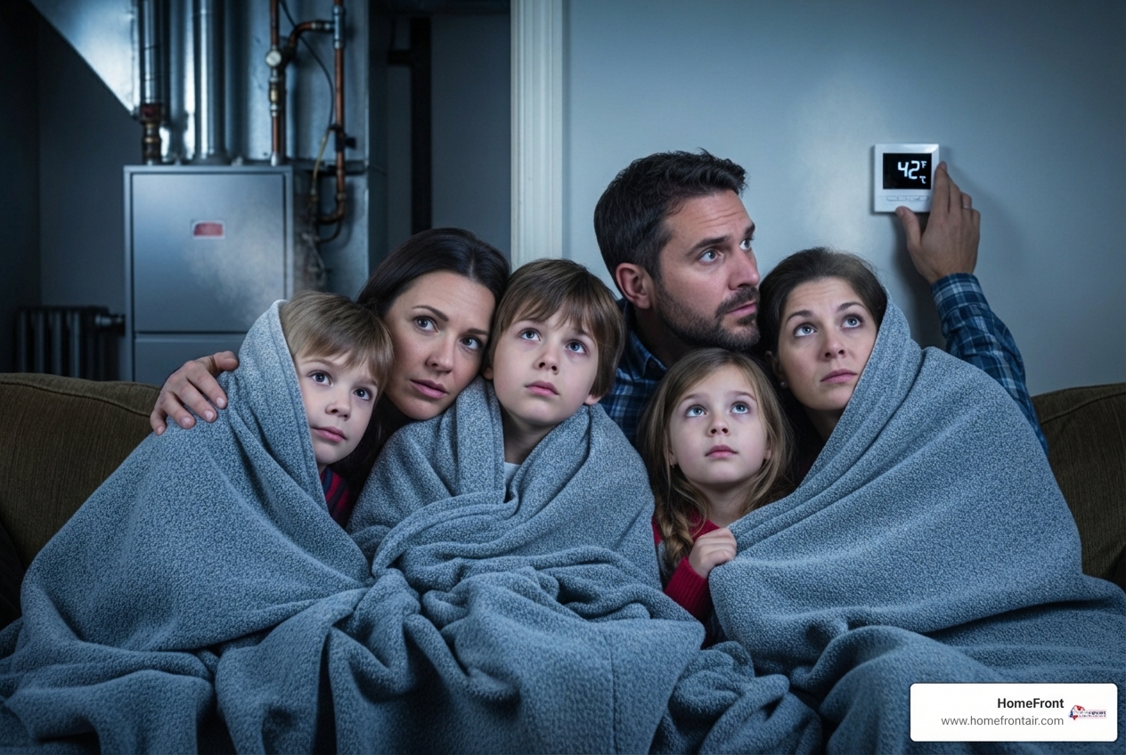 Infographic explaining the top 5 signs you need emergency furnace repair - "My furnace isn't working and I need emergency furnace repair in San Marcos, TX. Who is available right now?"