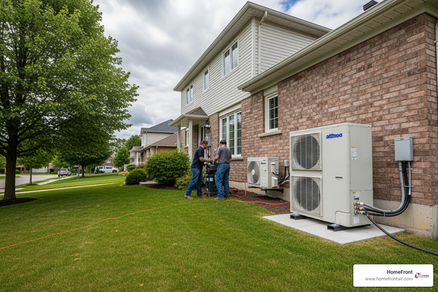 modern heat pump unit outside a Georgetown home - residential heat pump replacement in georgetown, on modern heat pump unit outside a Georgetown home - residential heat pump replacement in georgetown, on