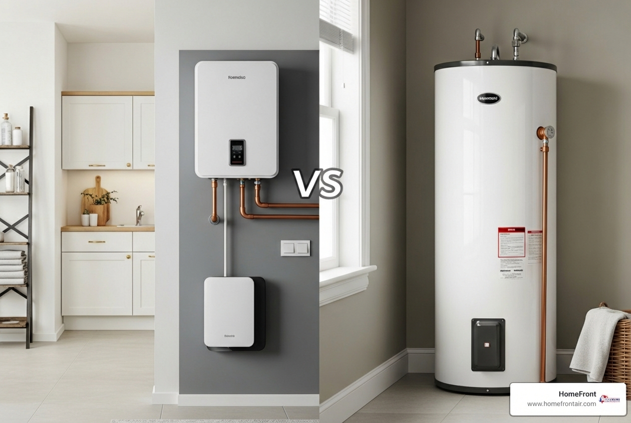 infographic showing comparison between traditional tank water heaters lasting 8-12 years versus tankless models lasting 15-20 years, energy savings of up to 30 percent, space-saving compact design, and endless hot water on demand - best tankless water heater replacement in milton, on infographic showing comparison between traditional tank water heaters lasting 8-12 years versus tankless models lasting 15-20 years, energy savings of up to 30 percent, space-saving compact design, and endless hot water on demand - best tankless water heater replacement in milton, on