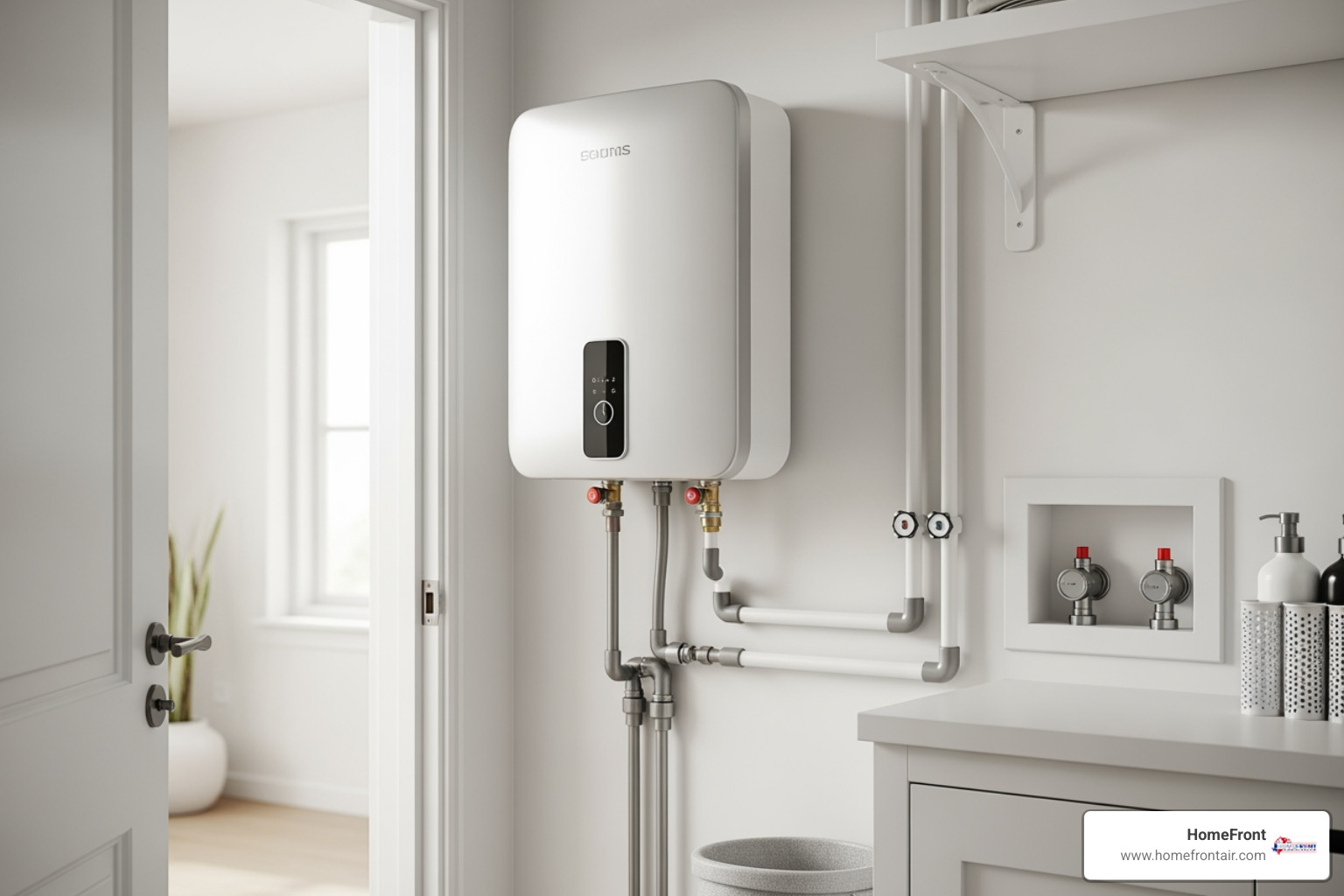 A modern, compact tankless water heater installed neatly on a wall in a clean utility space, with clear plumbing connections. - affordable tankless water heater replacement in milton, on A modern, compact tankless water heater installed neatly on a wall in a clean utility space, with clear plumbing connections. - affordable tankless water heater replacement in milton, on