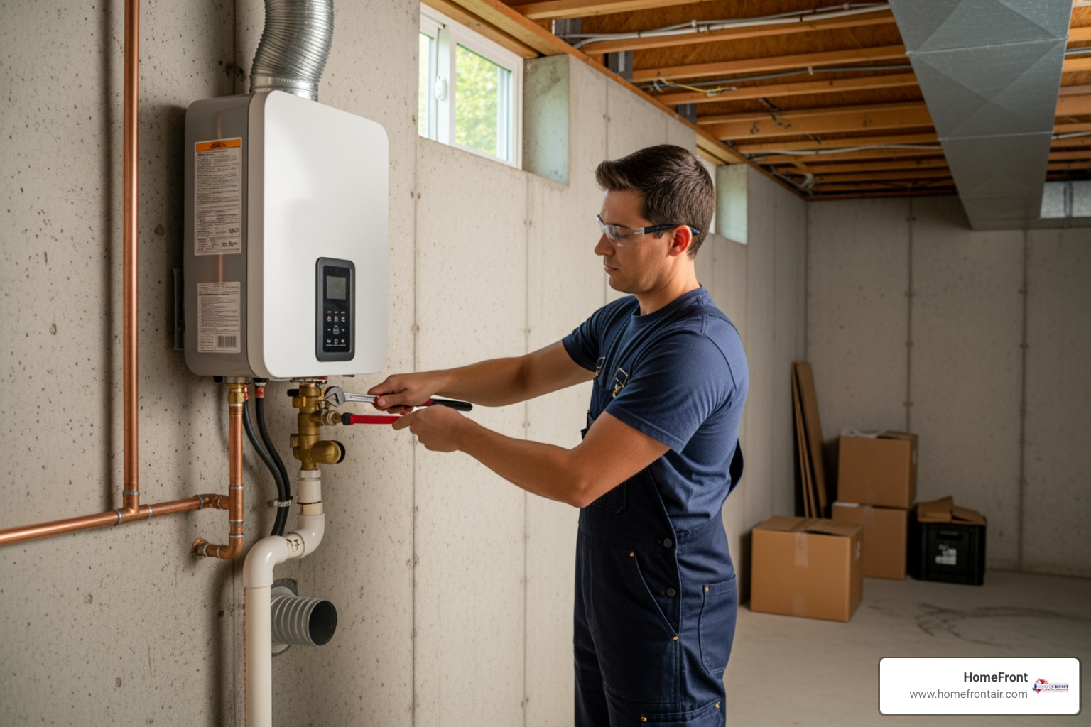 Infographic showing four key benefits of tankless water heaters: a dollar sign with downward arrow representing 30% energy savings, an infinity symbol for endless hot water supply, a ruler showing compact 20x28 inch footprint versus 60x24 inch traditional tank, and a calendar spanning 15-20 years for extended lifespan - affordable tankless water heater replacement in milton, on Infographic showing four key benefits of tankless water heaters: a dollar sign with downward arrow representing 30% energy savings, an infinity symbol for endless hot water supply, a ruler showing compact 20x28 inch footprint versus 60x24 inch traditional tank, and a calendar spanning 15-20 years for extended lifespan - affordable tankless water heater replacement in milton, on