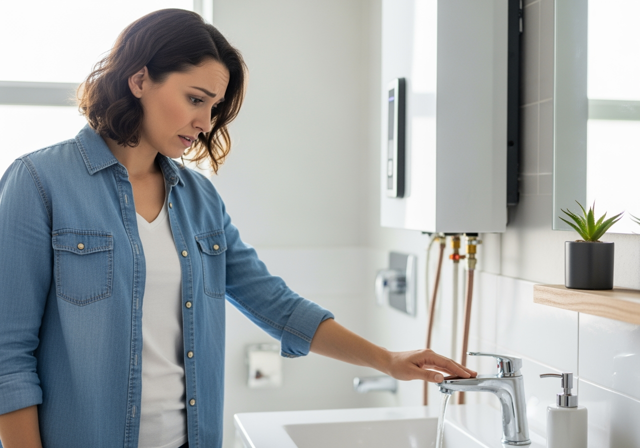 stressed homeowner in bathroom without hot water - emergency tankless water heater replacement in New Braunfels