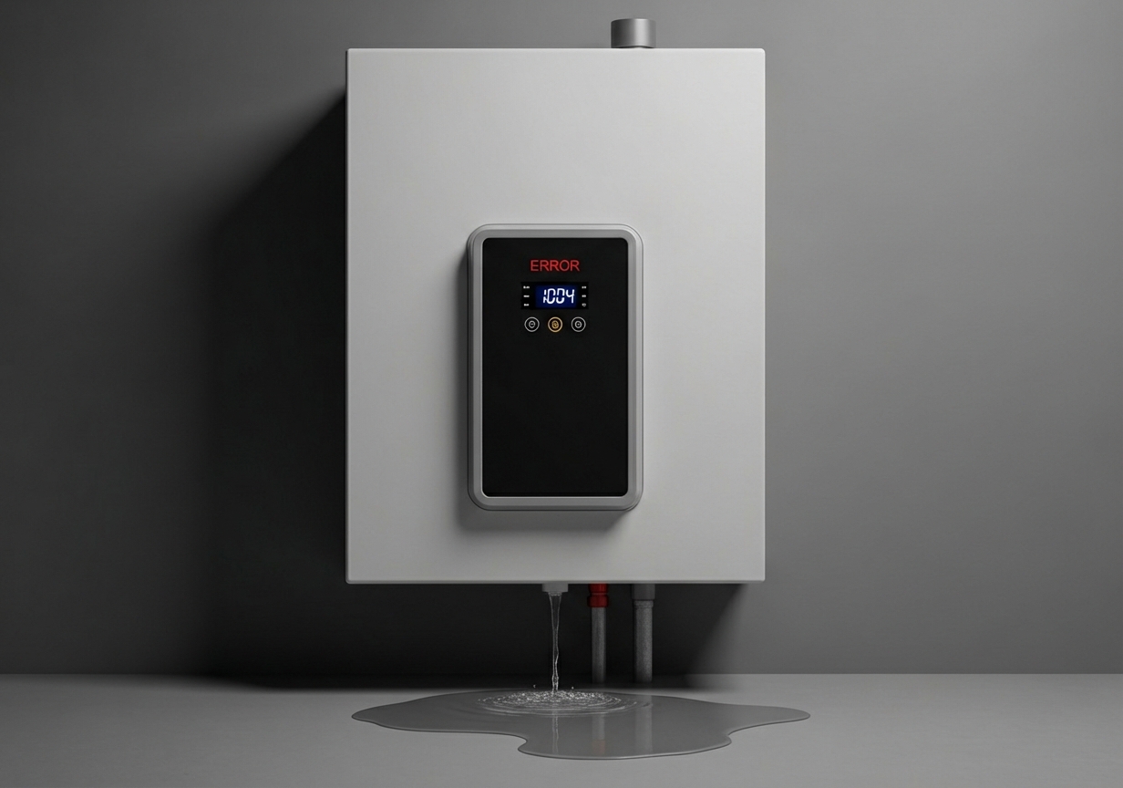 infographic showing five critical warning signs: no hot water flow, persistent error codes displaying on unit, visible water leaks pooling beneath system, loud banging or rattling sounds, and rusty discolored water from taps - emergency tankless water heater replacement in New Braunfels