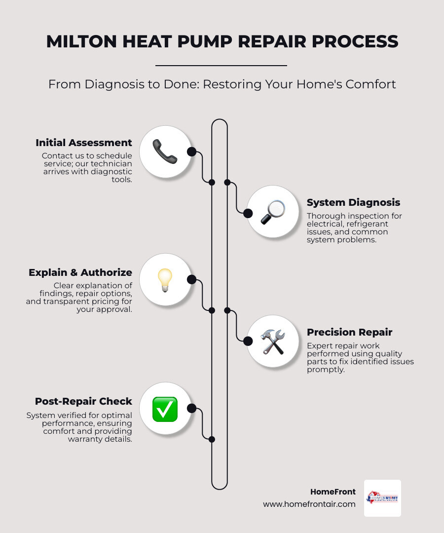 Infographic showing the heat pump repair process: Initial contact and scheduling, technician arrives with diagnostic tools, system inspection for electrical and refrigerant issues, performance testing of heating and cooling cycles, clear explanation of findings with repair options, customer approval and transparent pricing, precision repair using quality parts, post-repair system check and testing, documentation and warranty information provided - heat pump repair service in milton, on infographic infographic-line-5-steps-elegant_beige Infographic showing the heat pump repair process: Initial contact and scheduling, technician arrives with diagnostic tools, system inspection for electrical and refrigerant issues, performance testing of heating and cooling cycles, clear explanation of findings with repair options, customer approval and transparent pricing, precision repair using quality parts, post-repair system check and testing, documentation and warranty information provided - heat pump repair service in milton, on infographic infographic-line-5-steps-elegant_beige