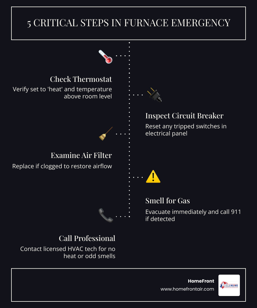 infographic showing 5 critical steps during a furnace emergency: check thermostat settings, inspect circuit breaker, examine air filter, smell for gas leaks, and call a certified technician immediately - emergency furnace maintenance in new braunfels, tx infographic infographic-line-5-steps-dark infographic showing 5 critical steps during a furnace emergency: check thermostat settings, inspect circuit breaker, examine air filter, smell for gas leaks, and call a certified technician immediately - emergency furnace maintenance in new braunfels, tx infographic infographic-line-5-steps-dark