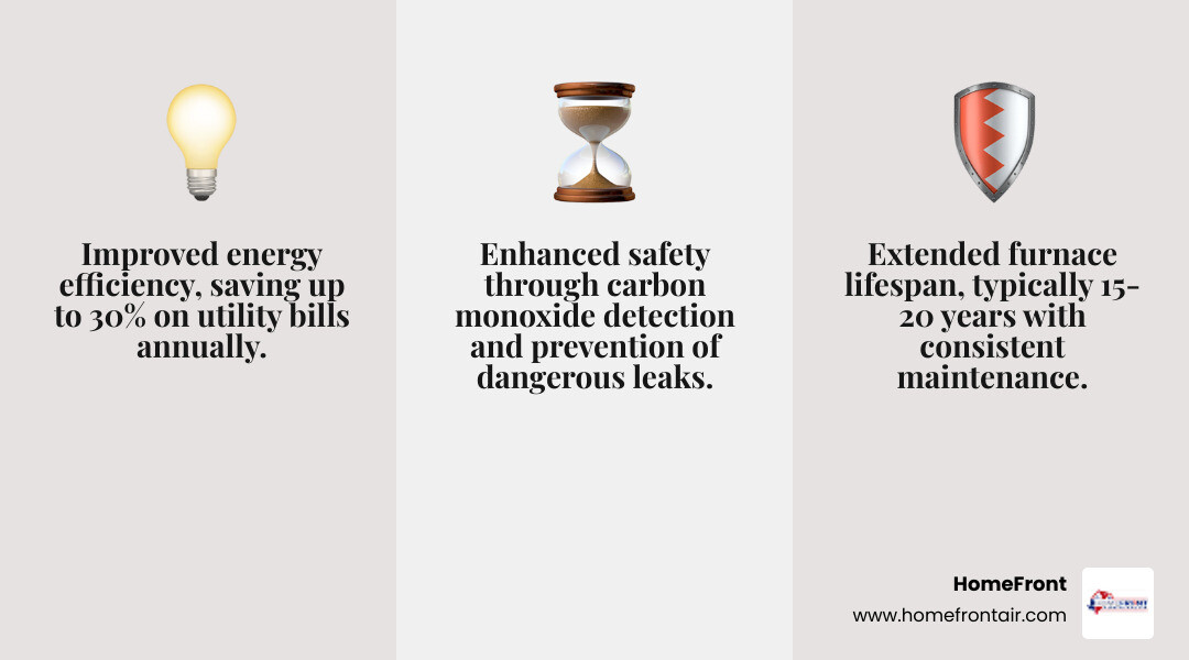 Infographic showing three key benefits of annual furnace maintenance: improved energy efficiency with up to 30% savings on utility bills, extended furnace lifespan of 15-20 years with proper care, and enhanced safety through carbon monoxide detection and prevention of dangerous leaks - furnace maintenance company in schertz, tx infographic 3_facts_emoji_grey