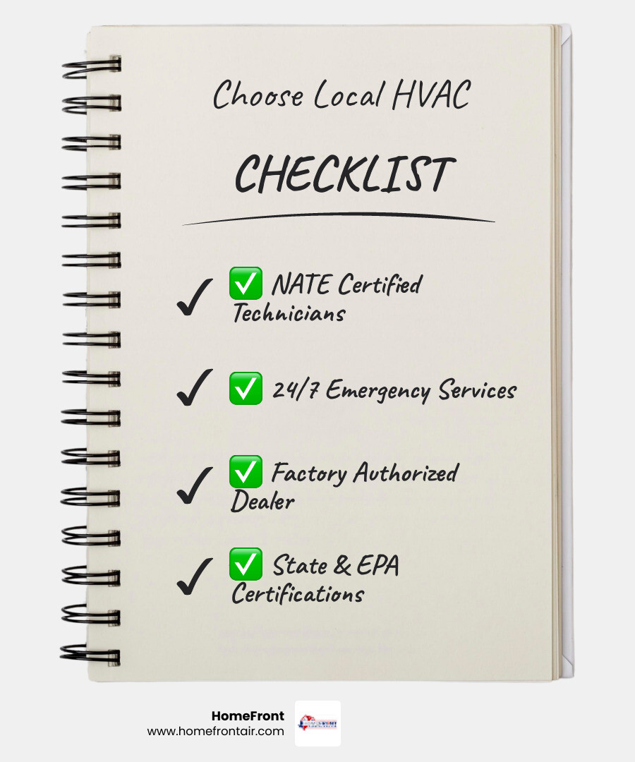 Infographic showing how to choose a local HVAC contractor in Woodcreek TX with key criteria checklist - "Find HVAC companies
