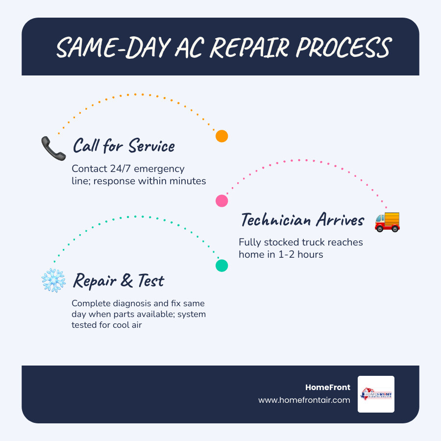 Infographic showing the same-day AC repair process: Step 1 - Call for emergency service within minutes; Step 2 - Technician arrives with fully stocked truck in 1-2 hours; Step 3 - Complete system diagnosis identifies the problem; Step 4 - Repair completed same day when parts available; Step 5 - System tested and home cooling restored - same day ac repair in austin, tx infographic infographic-line-3-steps-blues-accent_colors