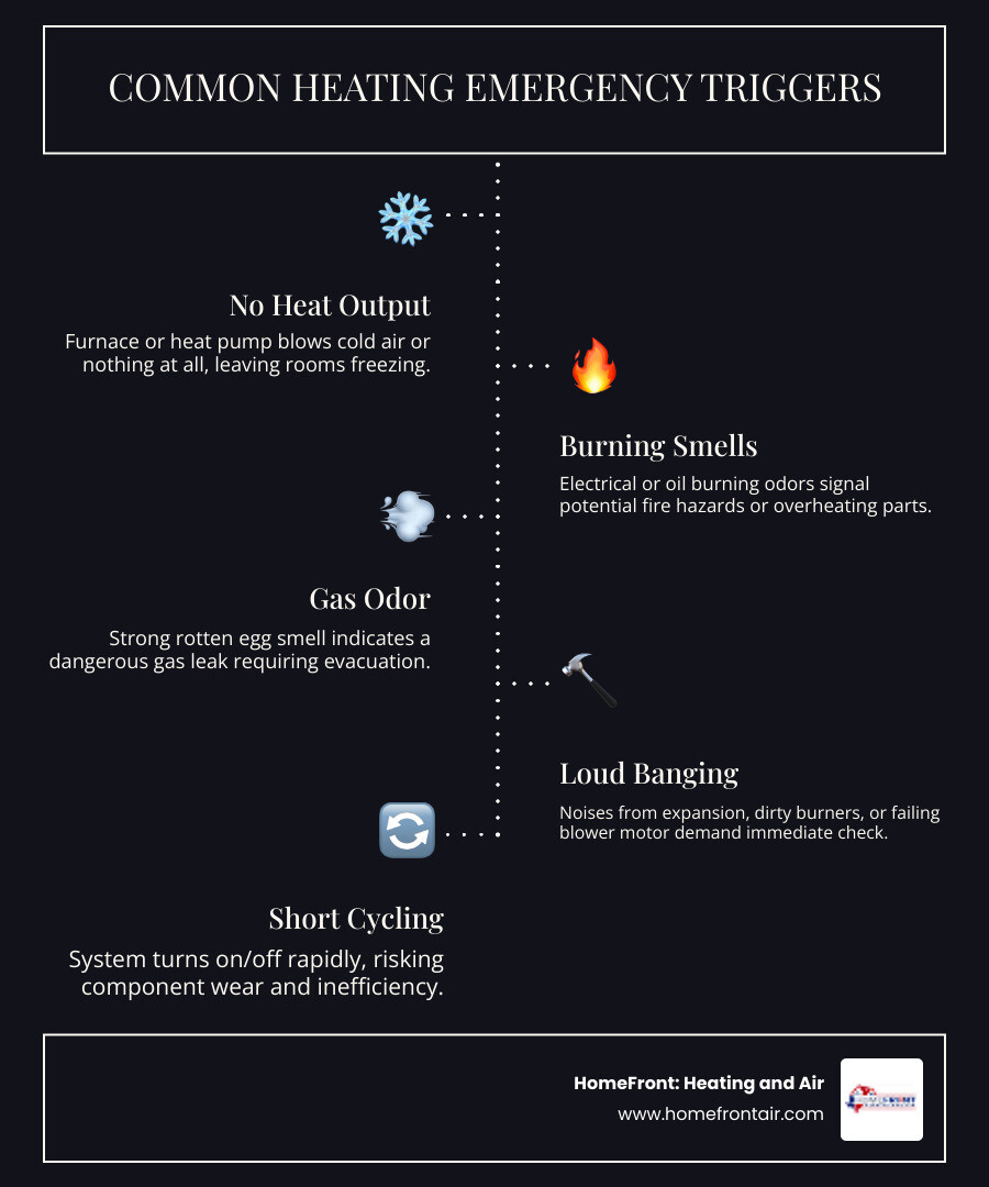 Infographic showing common heating emergency triggers: no heat output, burning smells, gas odor, loud banging, short
