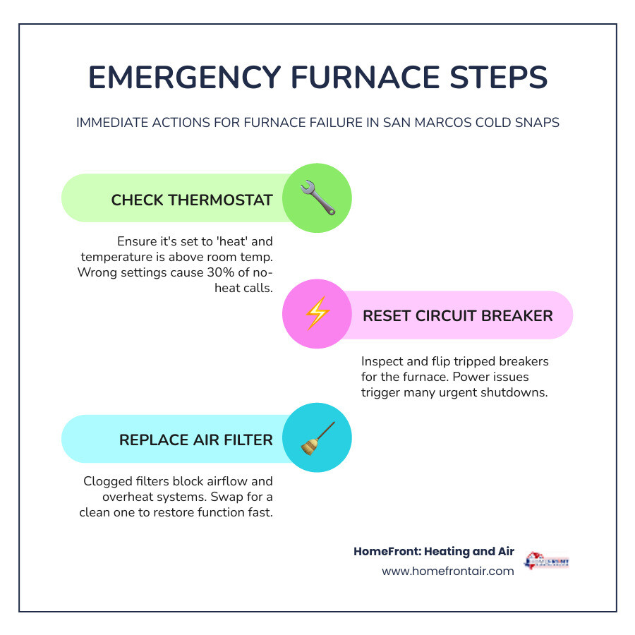Infographic showing 6 immediate steps for emergency furnace failure in San Marcos TX - emergency furnace maintenance in san Infographic showing 6 immediate steps for emergency furnace failure in San Marcos TX - emergency furnace maintenance in san