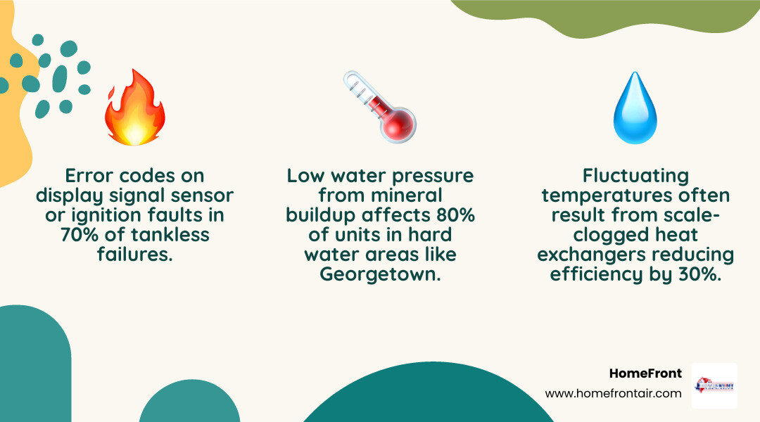 Infographic showing signs you need tankless water heater repair including error codes on display panel, fluctuating temperature gauge, mineral buildup in heat exchanger, ignition failure indicators, and low water pressure symptoms, with Georgetown ON hard water statistics - affordable tankless water heater repair in georgetown, on infographic 3_facts_emoji_nature