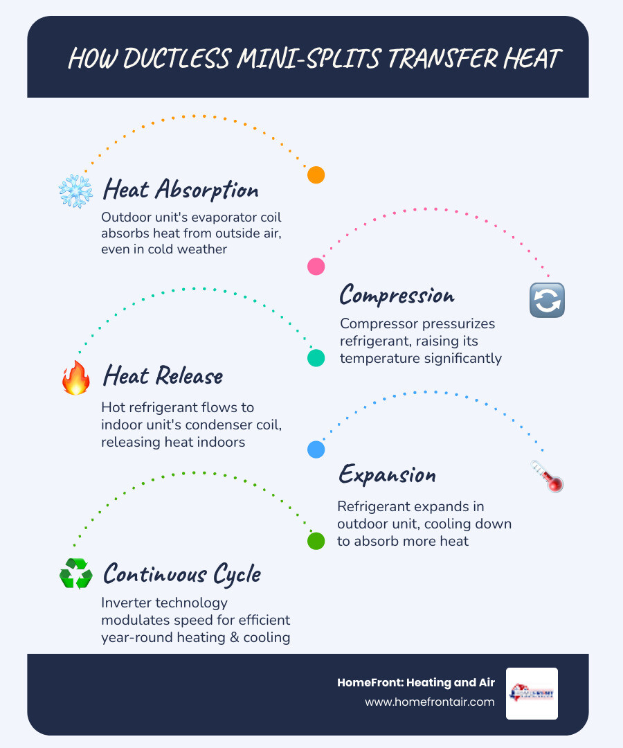 Infographic showing how a ductless mini-split transfers heat between indoor and outdoor units for heating and cooling