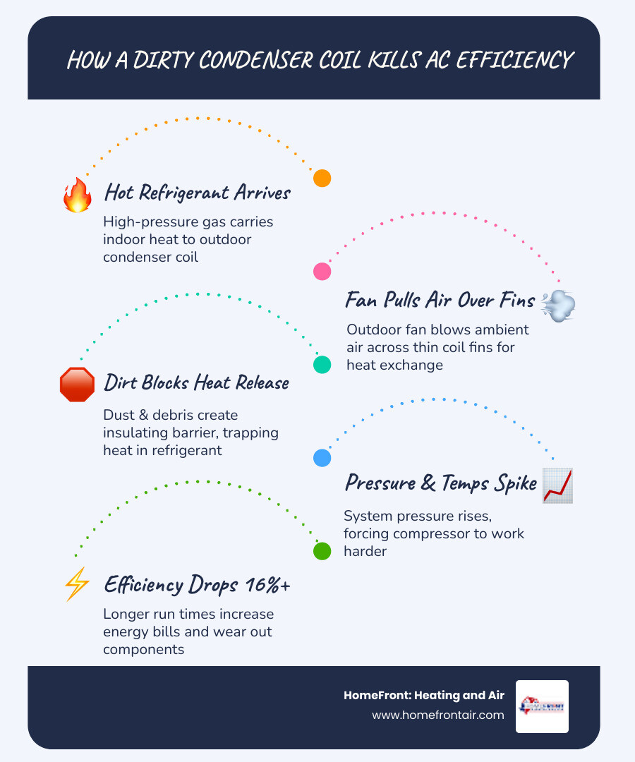 Infographic showing dirty condenser coil heat transfer process, efficiency loss, energy cost impact, and refrigerant cycle Infographic showing dirty condenser coil heat transfer process, efficiency loss, energy cost impact, and refrigerant cycle