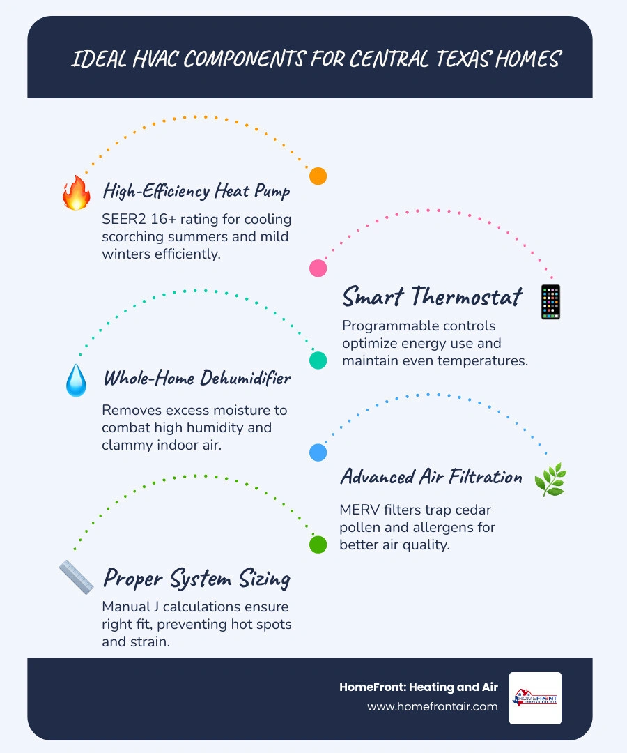 Infographic showing ideal HVAC components for Central Texas homes including heat pump, smart thermostat, dehumidifier, and Infographic showing ideal HVAC components for Central Texas homes including heat pump, smart thermostat, dehumidifier, and