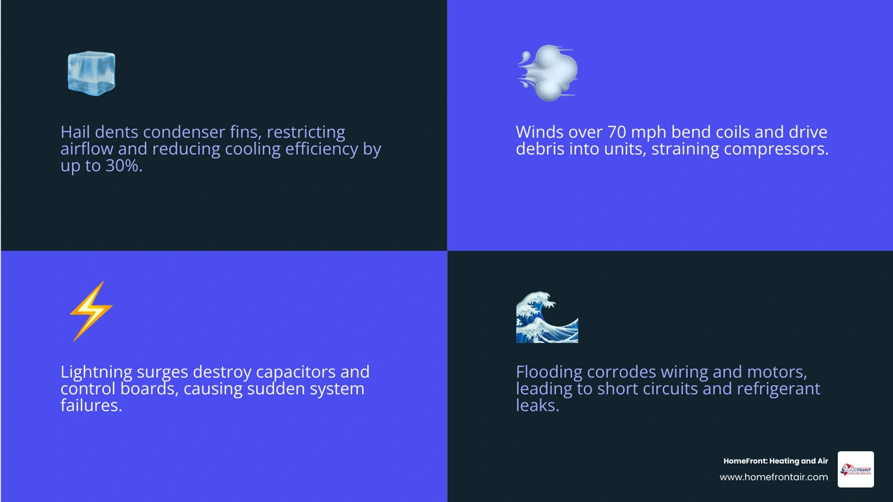 Infographic showing 5 ways Texas storms damage HVAC systems including hail, wind, surges, flooding, and humidity - how texas Infographic showing 5 ways Texas storms damage HVAC systems including hail, wind, surges, flooding, and humidity - how texas