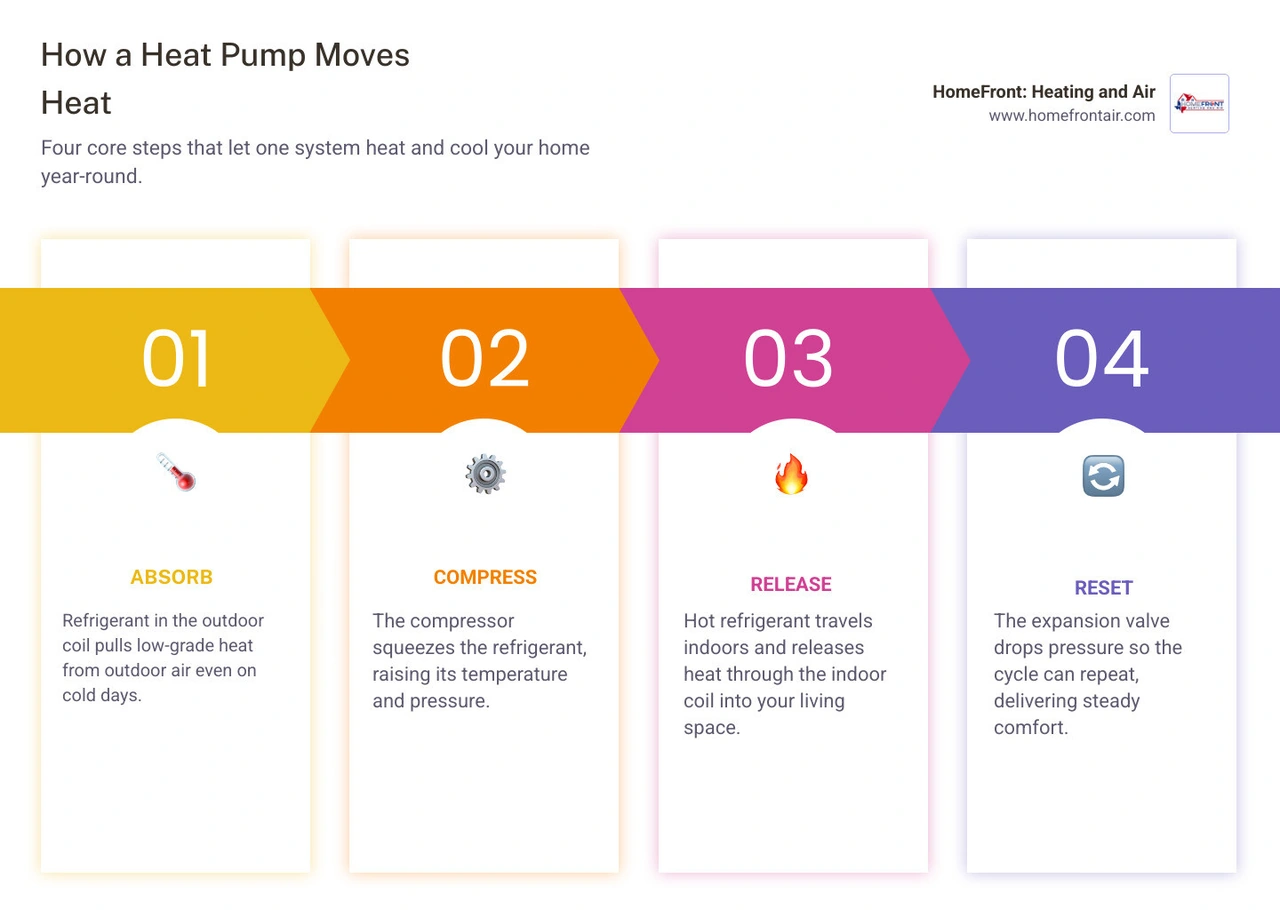 Infographic showing the four steps of how a heat pump works: absorb, compress, release, reset infographic