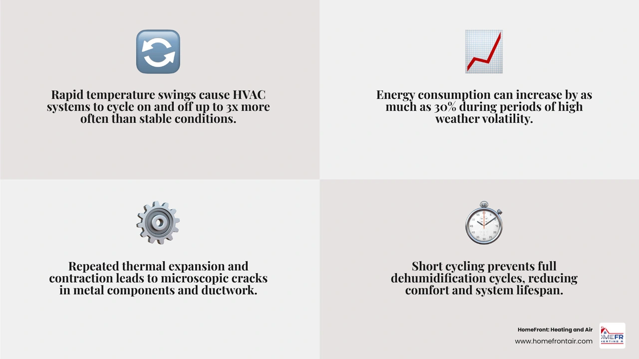Infographic showing how rapid outdoor temperature swings impact HVAC cycling, energy use, and component wear infographic Infographic showing how rapid outdoor temperature swings impact HVAC cycling, energy use, and component wear infographic
