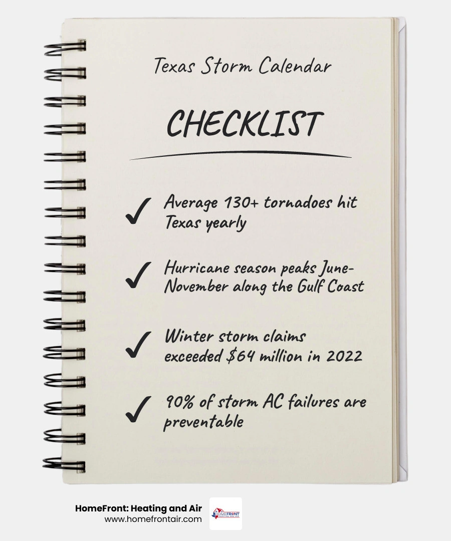 Texas severe weather HVAC preparation calendar infographic showing tornado season April-June, hurricane season Texas severe weather HVAC preparation calendar infographic showing tornado season April-June, hurricane season