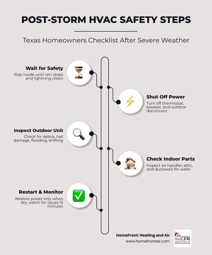 Post storm HVAC checklist infographic for Texas homeowners showing 7 safety steps from power shutoff to professional call