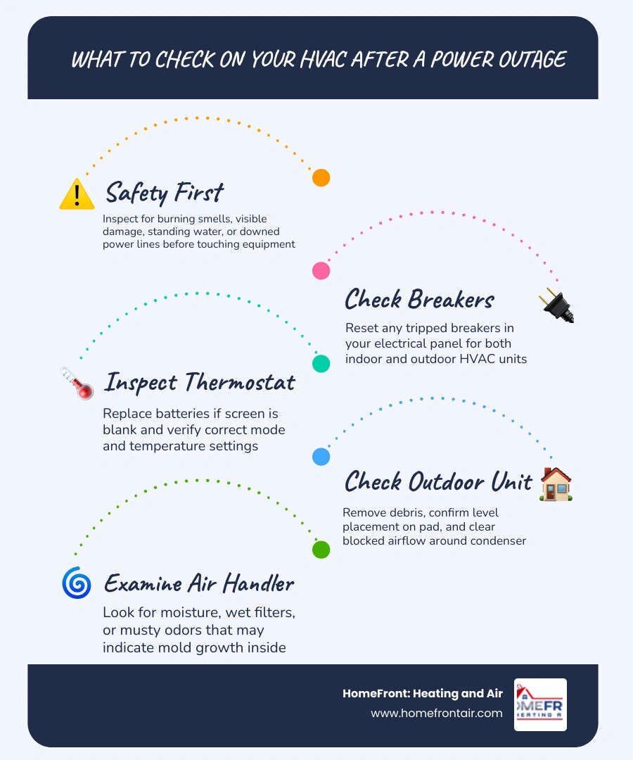 Infographic showing 5 steps to check your HVAC after a power outage with surge risk warning infographic Infographic showing 5 steps to check your HVAC after a power outage with surge risk warning infographic
