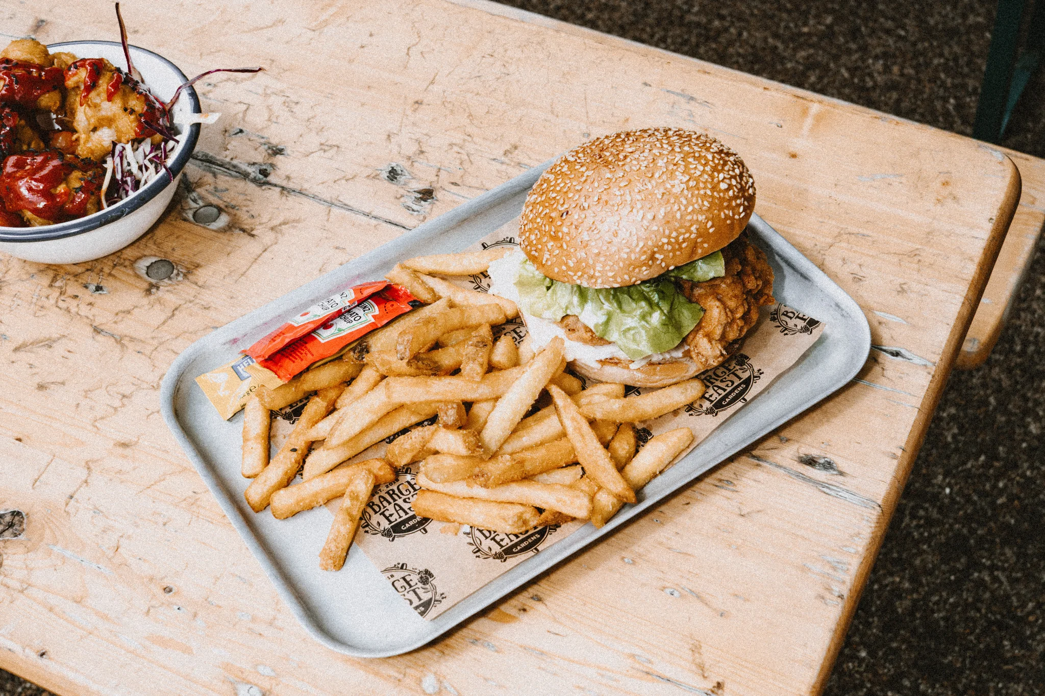 Burger and fries in Barge East restaurant