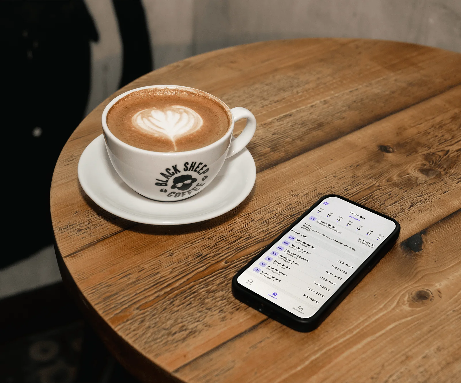 Black Sheep Coffee latte and Nory mobile app