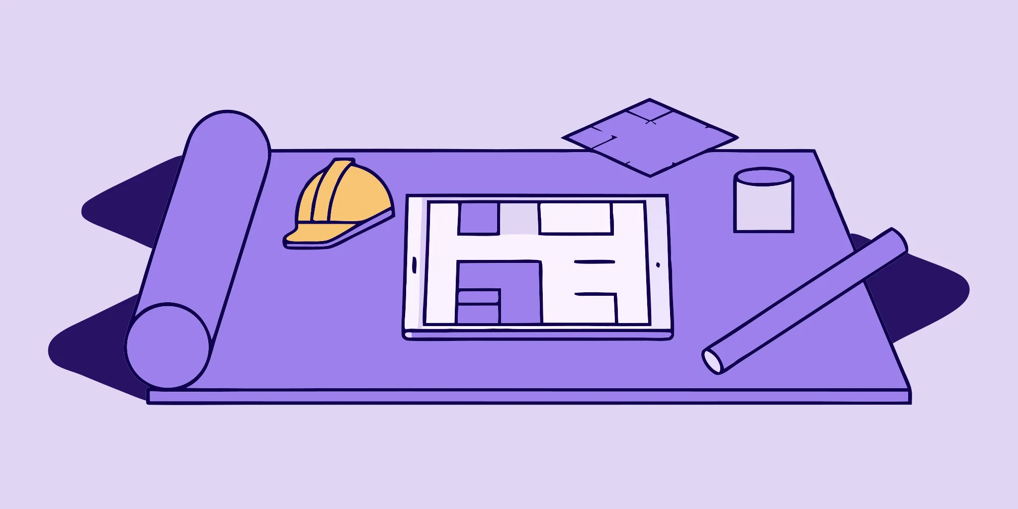 Construction RFI process: Blueprint, tablet, and documents.