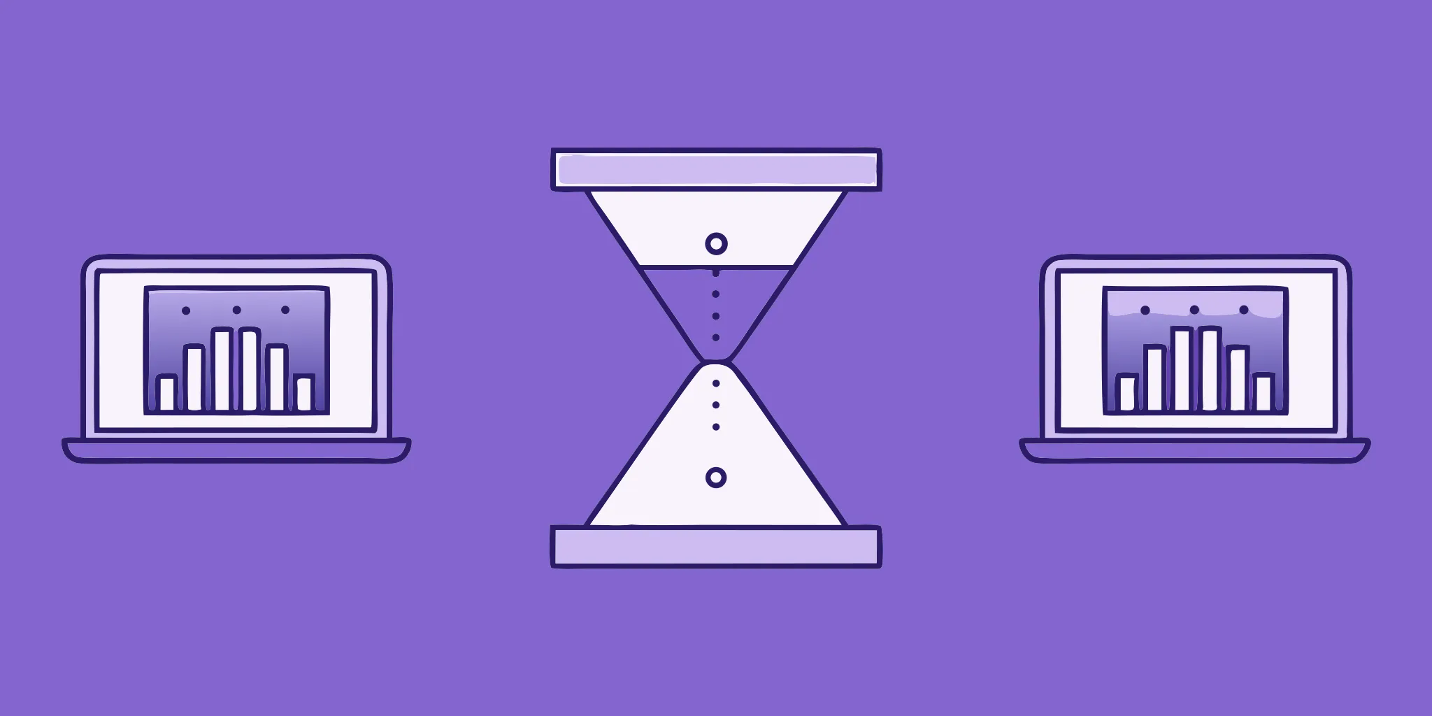 An hourglass between two laptops with charts analyzing RFP software pricing and cost.