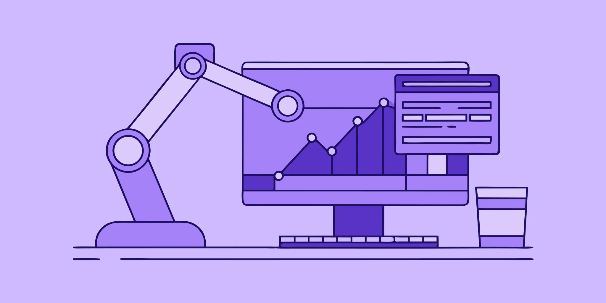 A robotic arm uses an automated proposal builder on a computer, displaying proposal analytics.