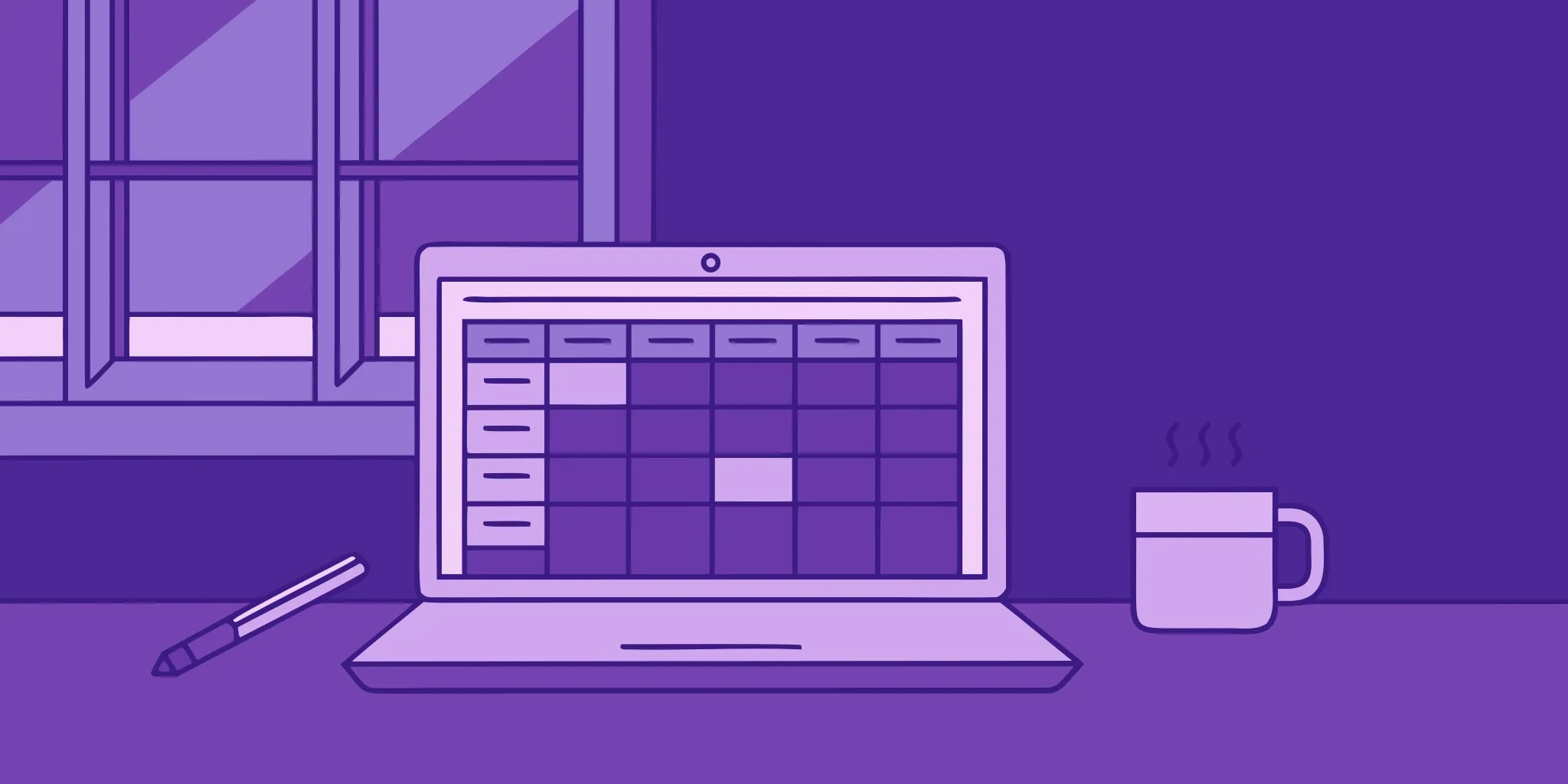 Laptop on a desk showing a proposal writing plan, with a pen and coffee.